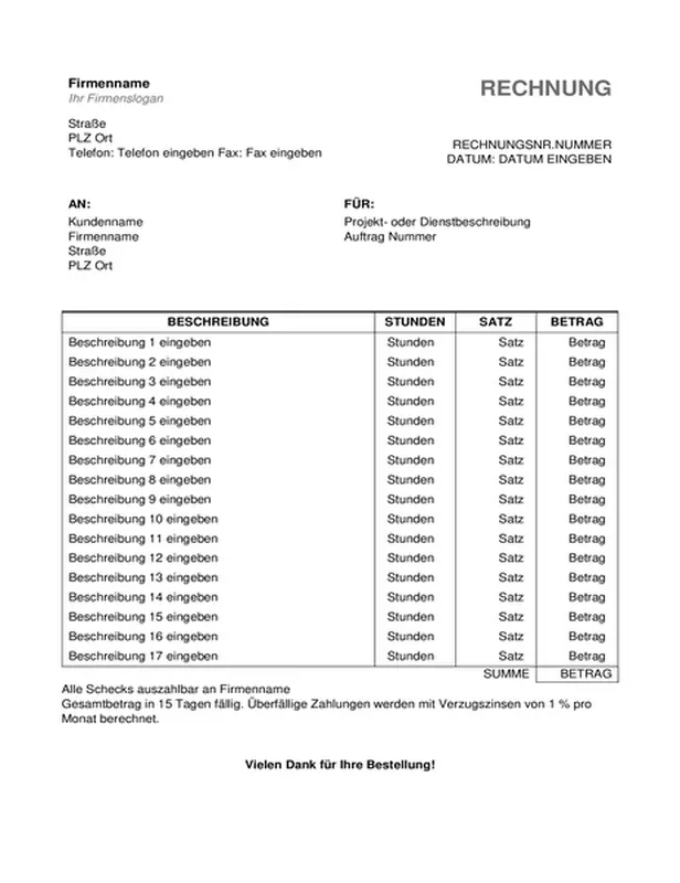 Rechnung über Dienstleistungen mit Stunden und Stundensatz