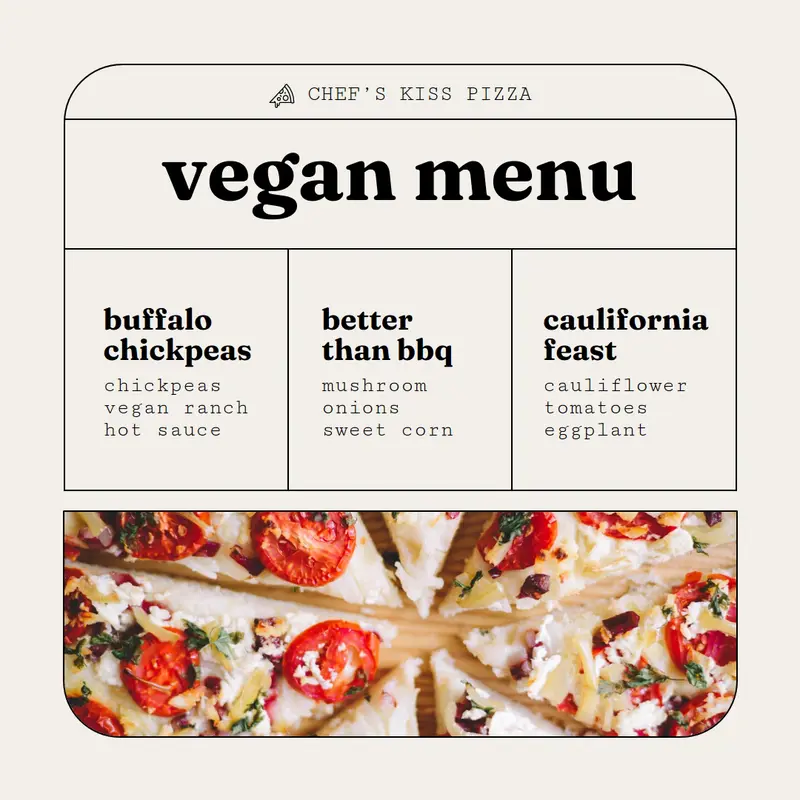 Check out our vegan pizza menu Gray modern, simple, lines, geometric, frame, symmetrical