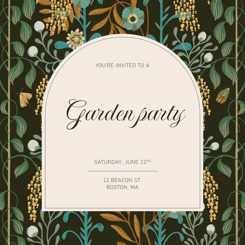 You are invited to the garden party Green vintage, botanical, arch, organic, retro, elegant