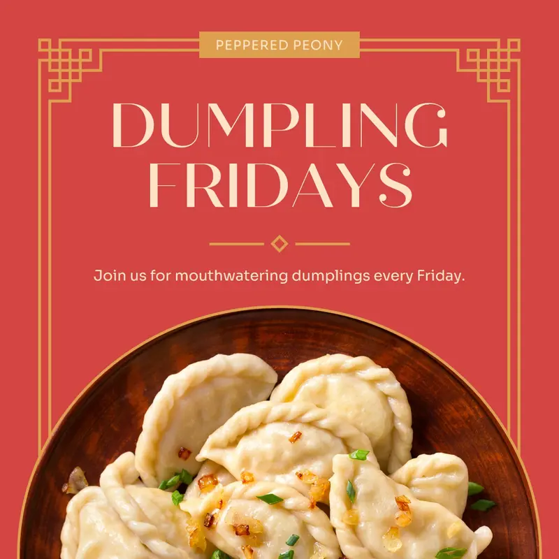 Join us for dumplings every Friday Red elegant, traditional, frame, classic, cutout, symmetrical