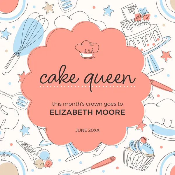 Monthly cake queen Pink whimsical, pastel, doodle, illustration, pattern, retro