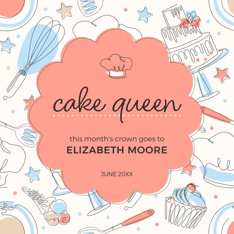 Monthly cake queen Pink whimsical, pastel, doodle, illustration, pattern, retro