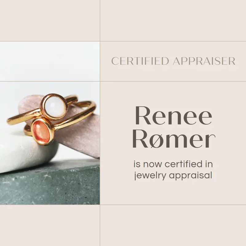 Certified in jewelry appraisal Brown clean, minimal, frame, elegant, neutral, asymmetrical