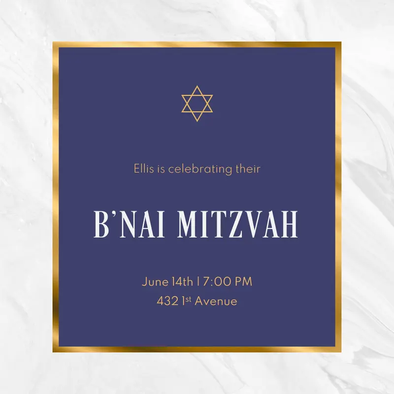 B'nai Mitzvah invitation Blue modern, gold, frame, simple, classic, motif