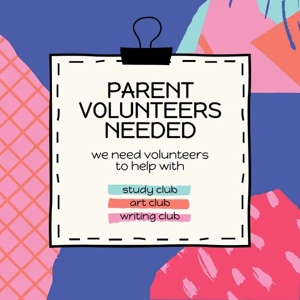 Parent volunteers needed Pink fun, textured, paper, illustration, shapes