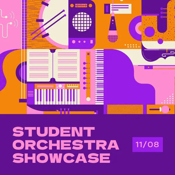 Student orchestra showcase Purple bold, colorful, illustration, bright, 70s, overlapping