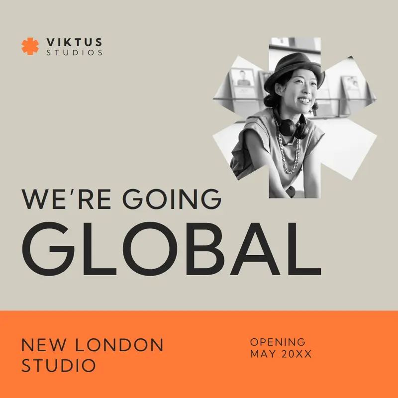 We're going global Orange minimal, bold, block,