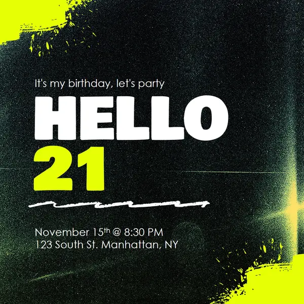 21st birthday party invite Black modern, bold, grunge, dayglo, neon, typographic,