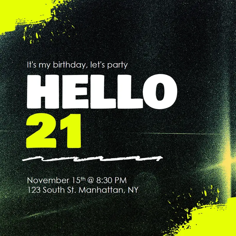 21st birthday party invite Black modern, bold, grunge, dayglo, neon, typographic,