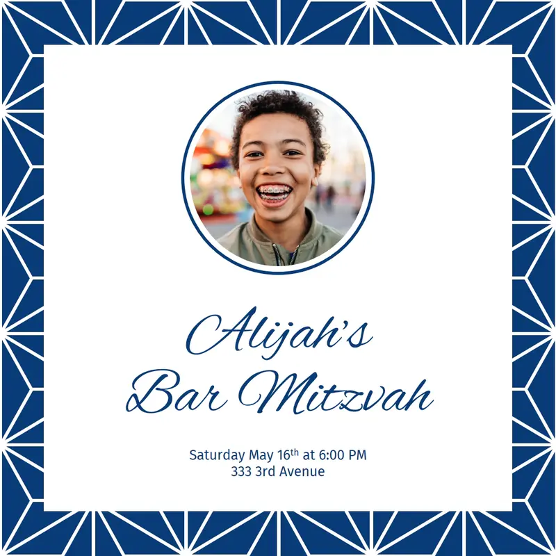 Bar Mitzvah invitation Blue classic, geometric, frame, border, symmetrical,