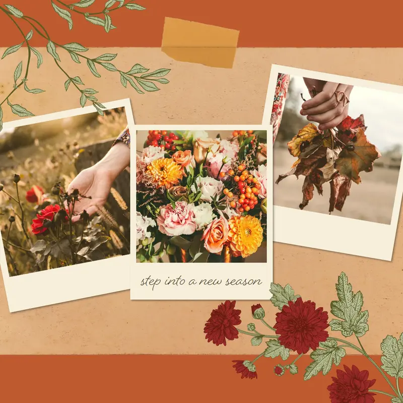 Step into a new season Orange vintage, botanical, collage, scrapbook, retro, rustic
