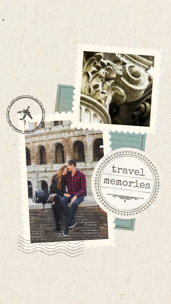 Travel memories scrapbook brown vintage, stamp, collage, whimsical, motif, scrapbook, retro,