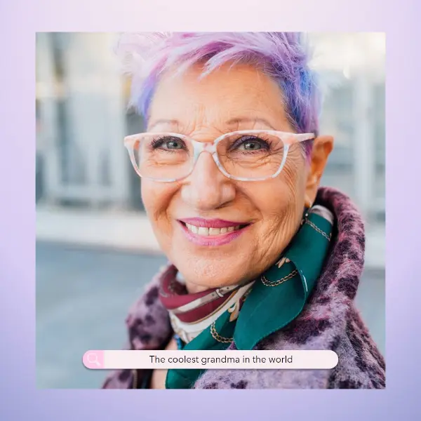 The coolest Grandma in the world purple bold modern typographic frame portrait pastel