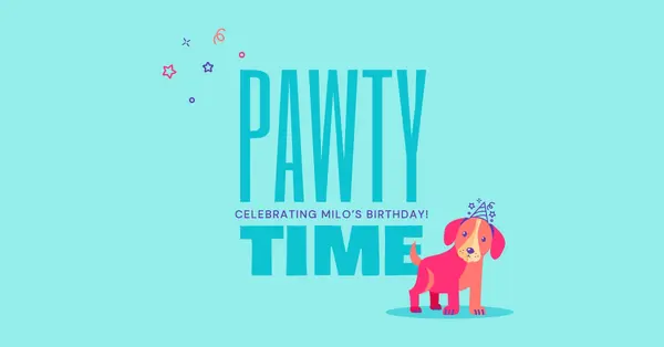 Pup party time blue cute, typographic, illustrative, adorable, fun, playful, graphic