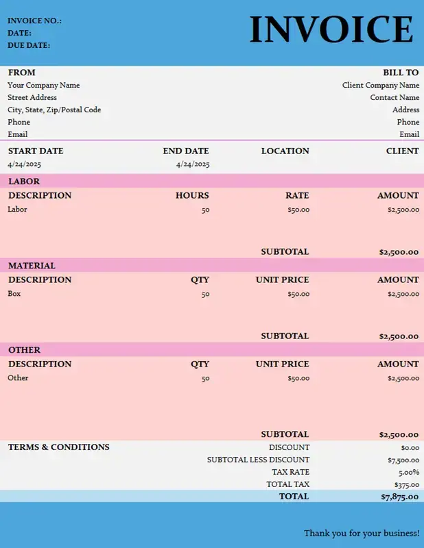Simple basic pink & blue timesheet invoice pink modern simple corporate