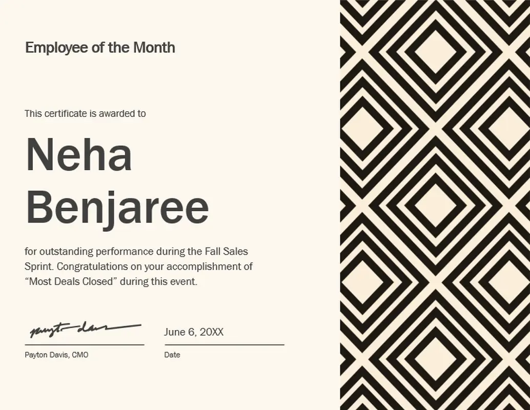 DiamondÃ‚Â employee of the monthÃ‚Â certificateÃ‚Â  yellow modern-geometric