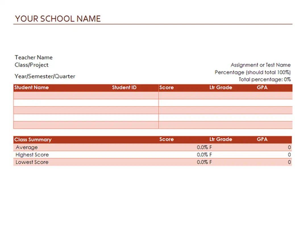 Teacher's grade book (based on percentages) modern simple