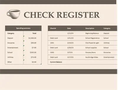 Check Register with Spending Summary