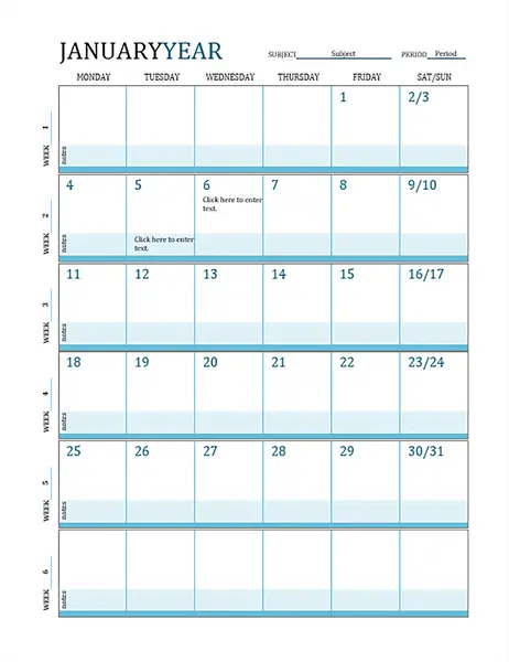 Lesson plan calendar blue modern simple