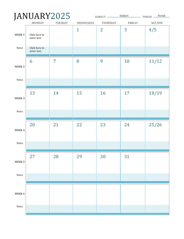 Lesson plan calendar modern simple