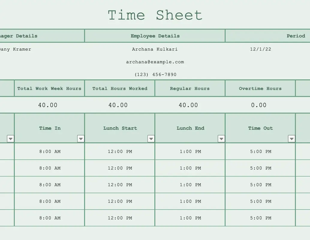 Timesheet (worksheet) green modern simple