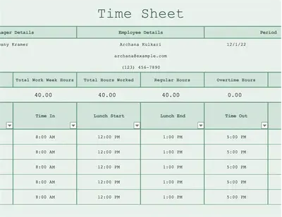 Timesheet (worksheet) green modern simple