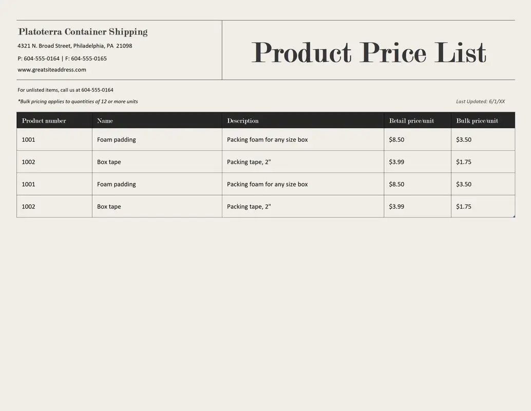 Product price list brown modern simple