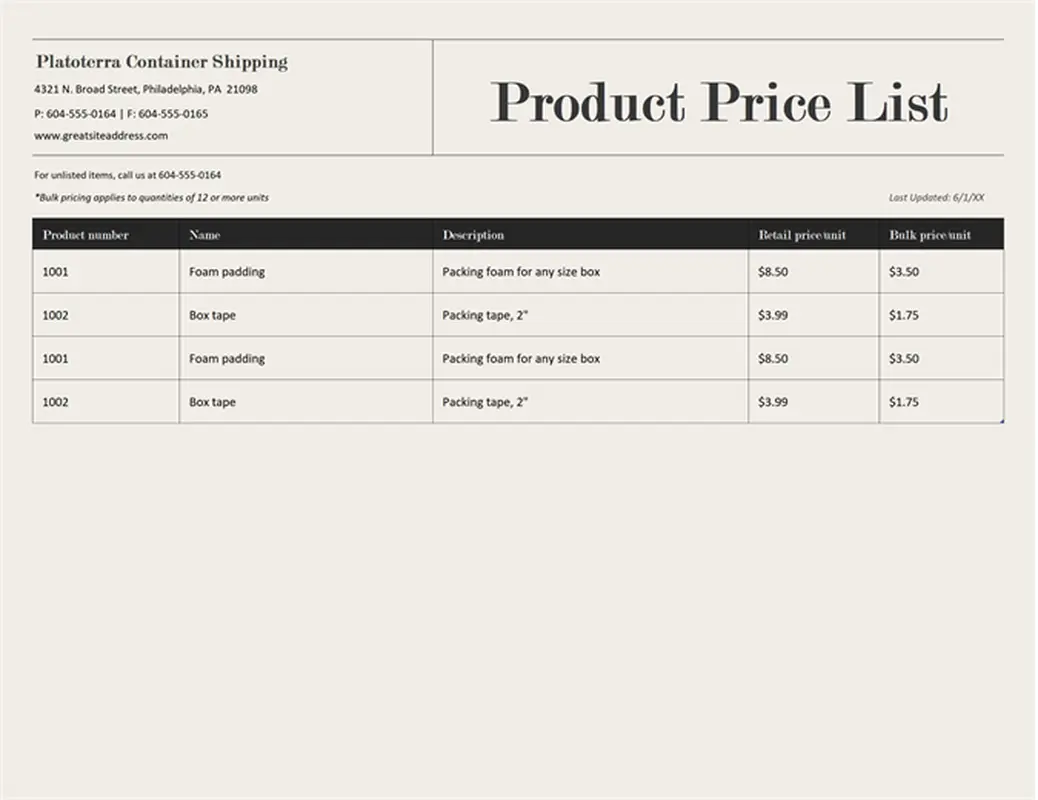 Product price list modern simple