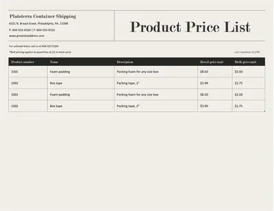 Product price list modern simple