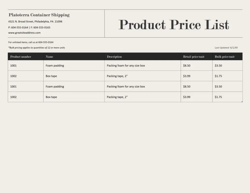 Product price list brown modern simple