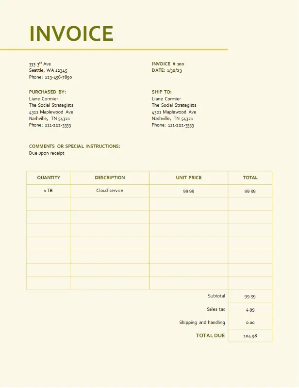 Basic invoice with sales tax yellow modern simple
