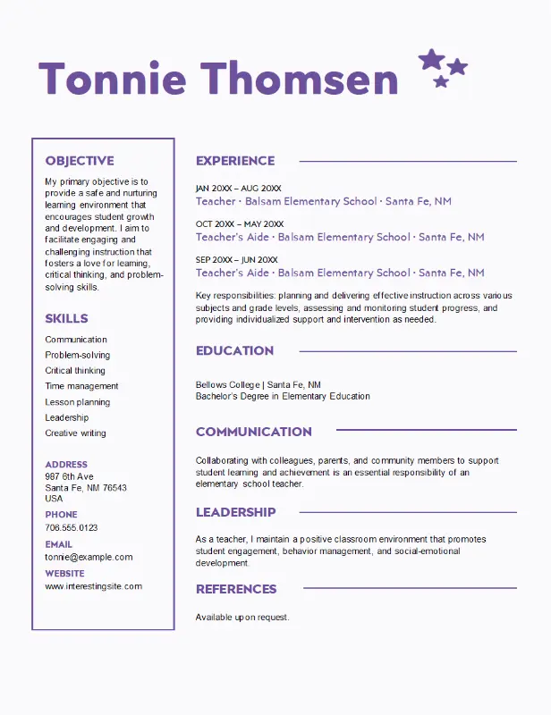 Creative teaching resume purple whimsical