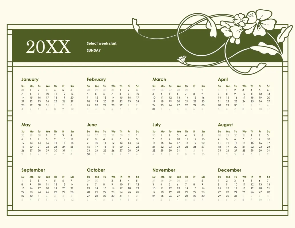 Playful calendar for any year green modern-bold