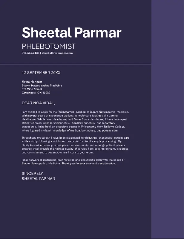 Simple ATS healthcare cover letter purple modern-bold