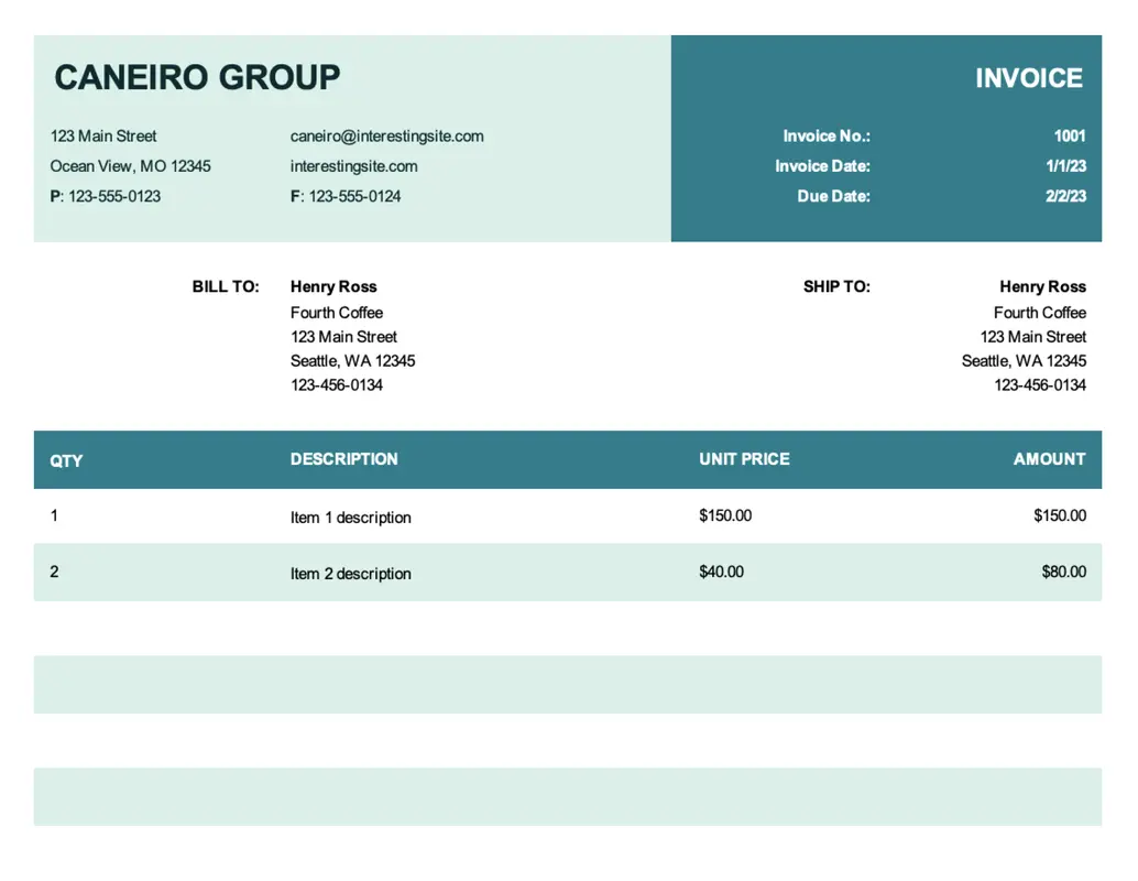 Basic invoice with unit price blue modern simple