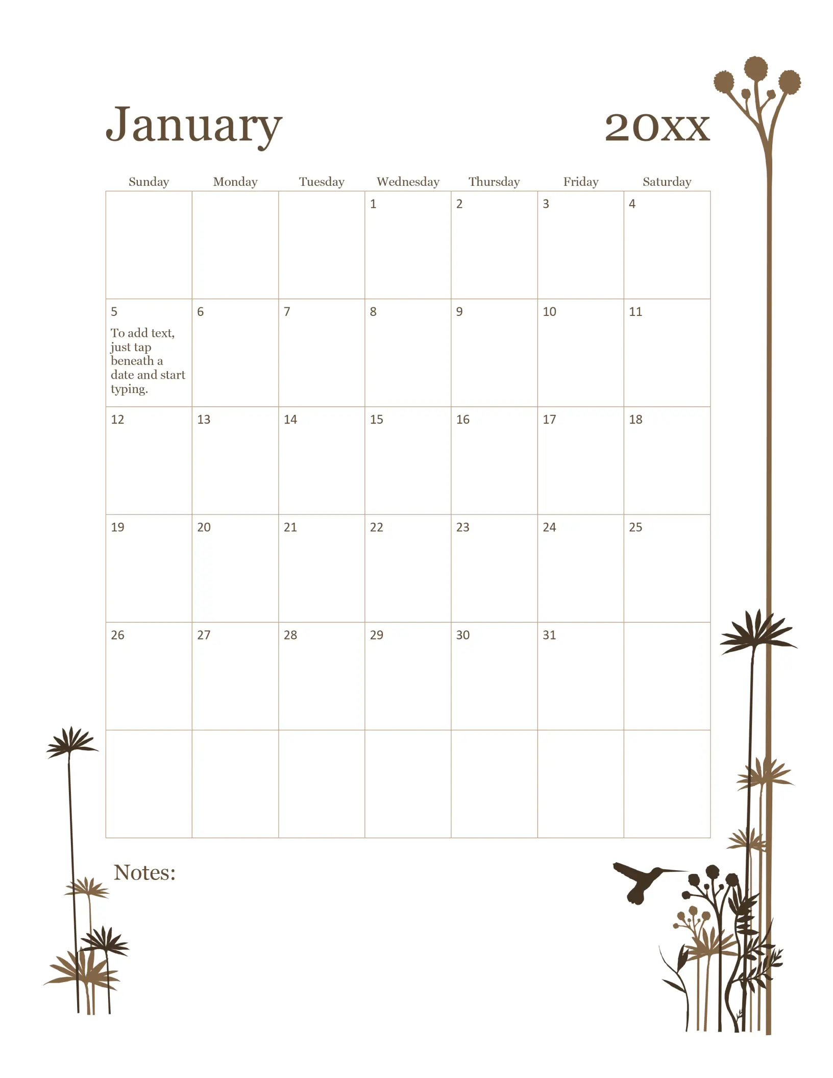 Hummingbird 12-month calendar (Sun-Sat) brown modern-simple