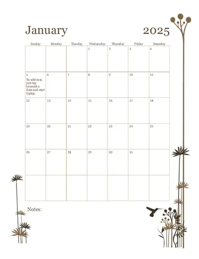 Hummingbird 12-month calendar (Sun-Sat) modern-simple
