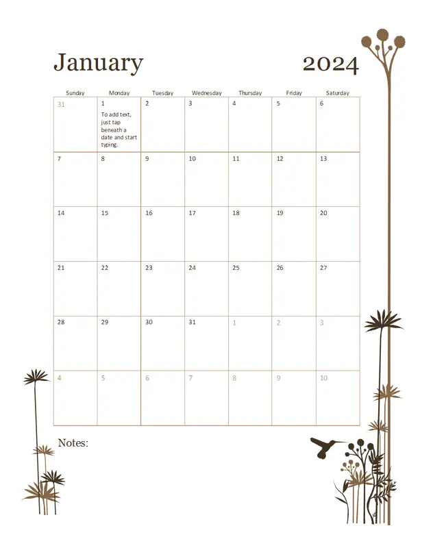 Hummingbird 12-month calendar (Sun-Sat) brown modern-simple