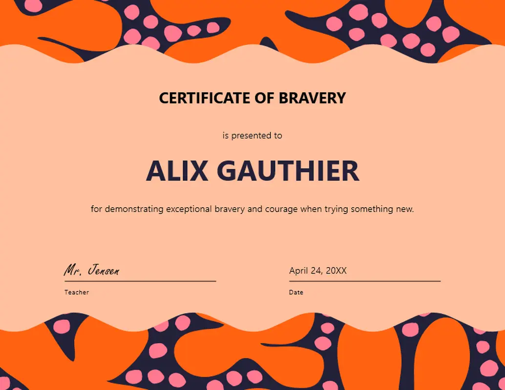 Certificate of bravery orange modern-bold