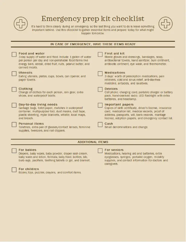 Emergency prep kit checklist brown modern simple