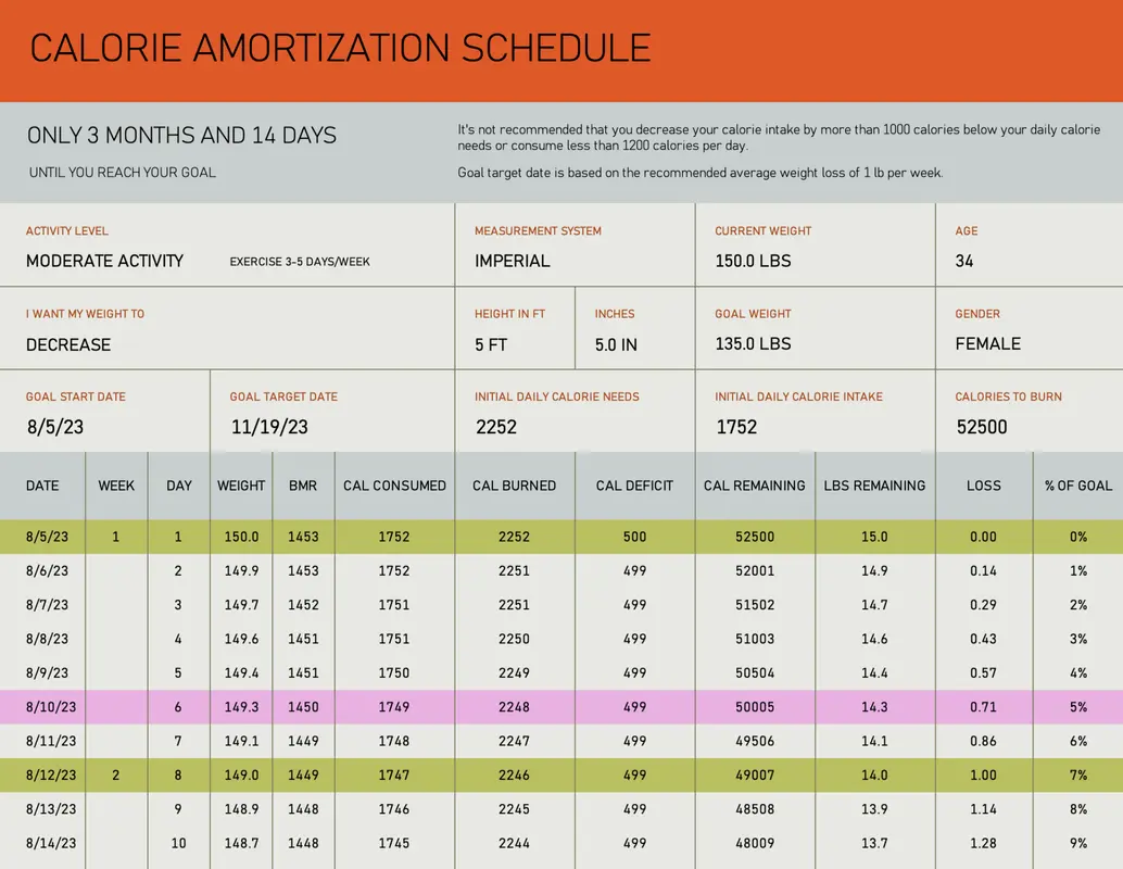 Calorie amortization schedule yellow modern-simple