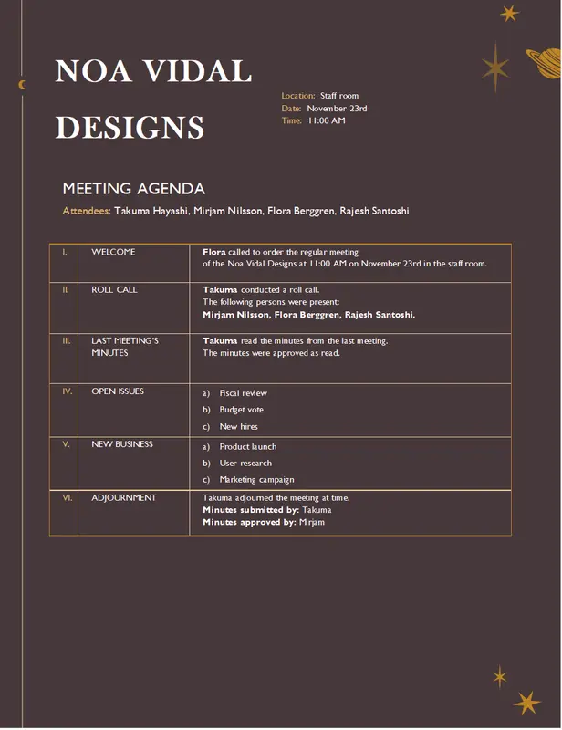 Dark modernist meeting agenda brown organic boho