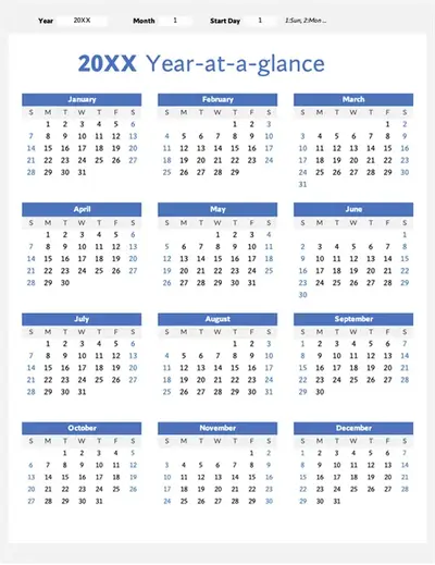 Any year at a glance calendar (portrait) modern-simple