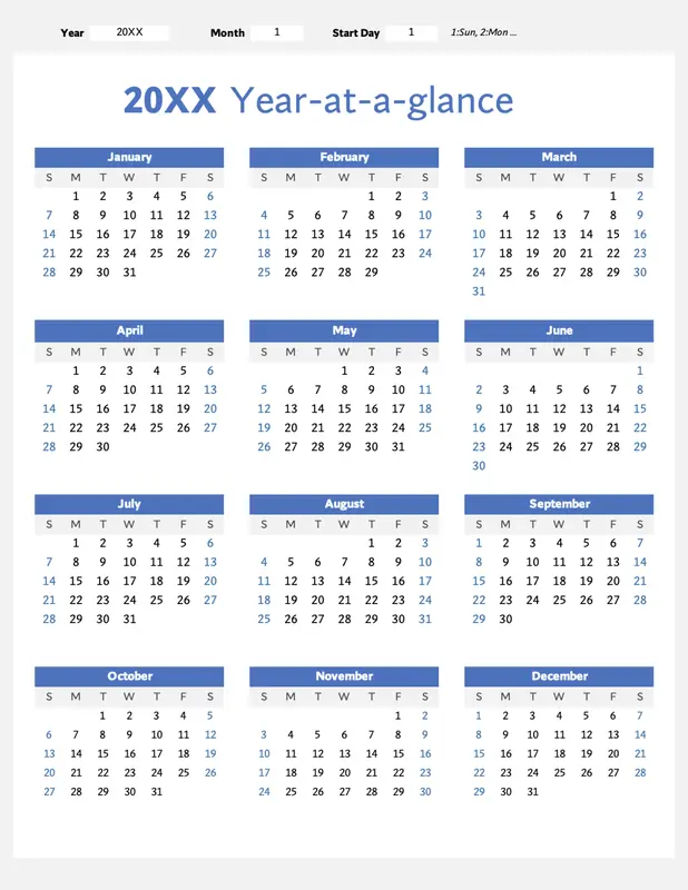 Any year at a glance calendar (portrait) blue modern-simple