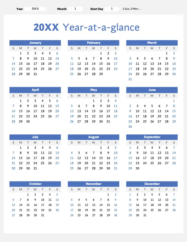 Any year at a glance calendar (portrait) blue modern-simple