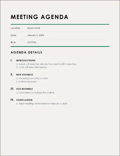 informal meeting agenda template