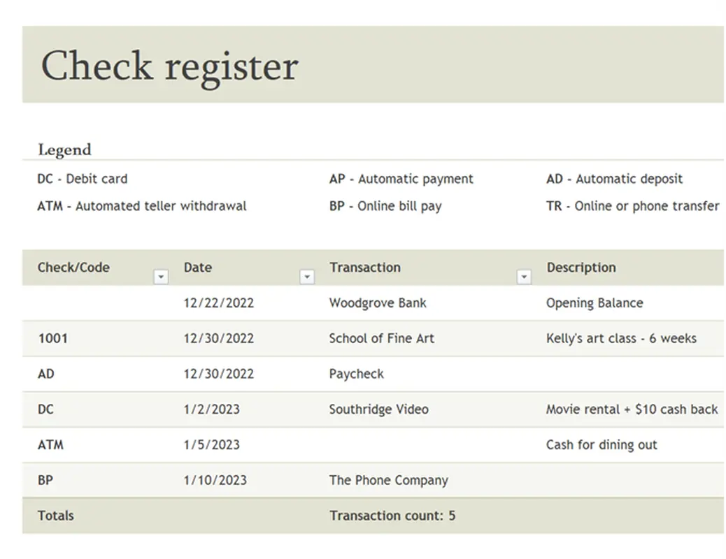 Check register with transaction codes brown modern simple