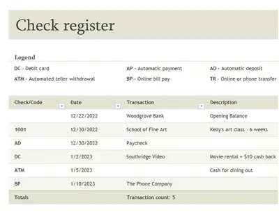 Check register with transaction codes modern simple