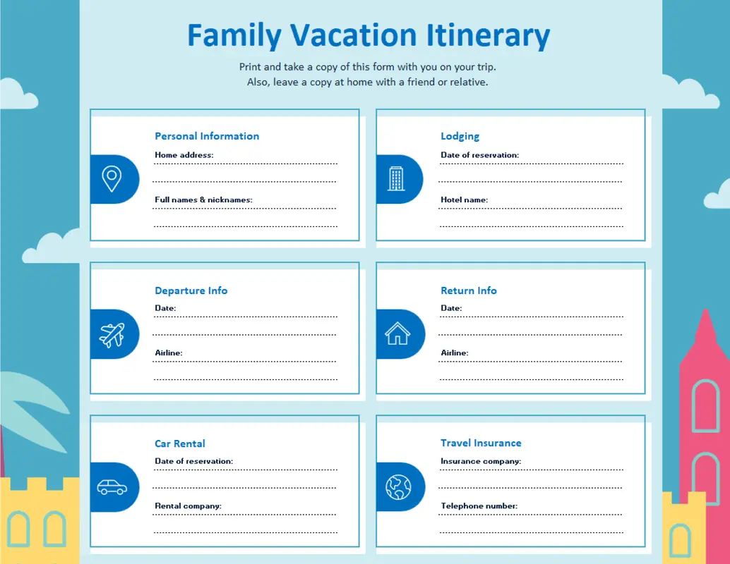 Family vacation itinerary blue whimsical color block