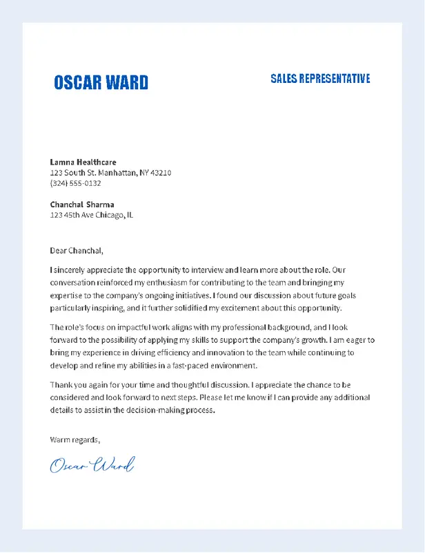 Post interview thank you letter blue modern bold